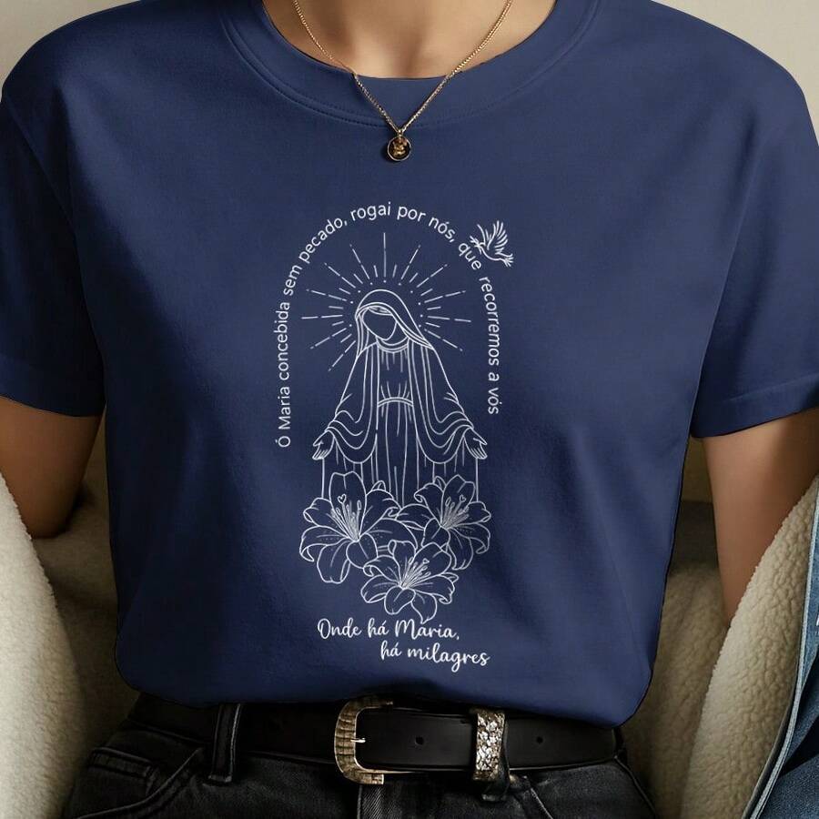 Camiseta 100% Algodão Nossa Senhora Aparecida Camisa Estampa Religiosa Católica Maria - Azul Marinho - Visão 1