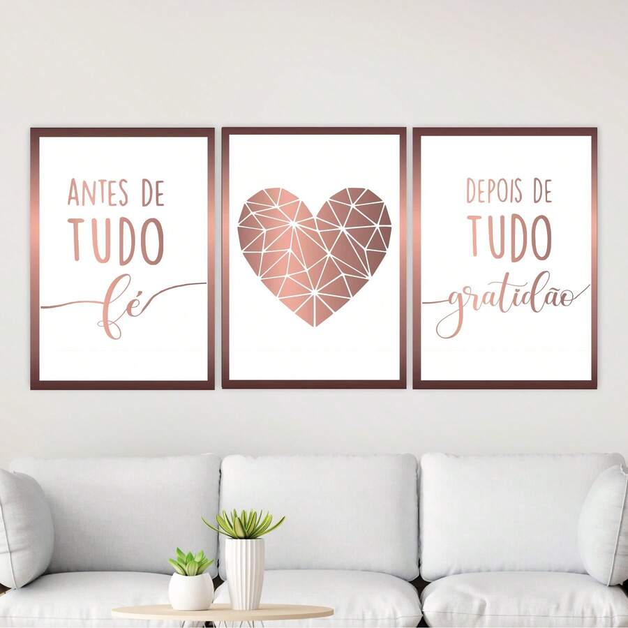 Kit 03 Quadros Decorativo com Moldura Decoração da Casa Quarto Sala Geométrico Rose Gold - Rosê - Visão 1