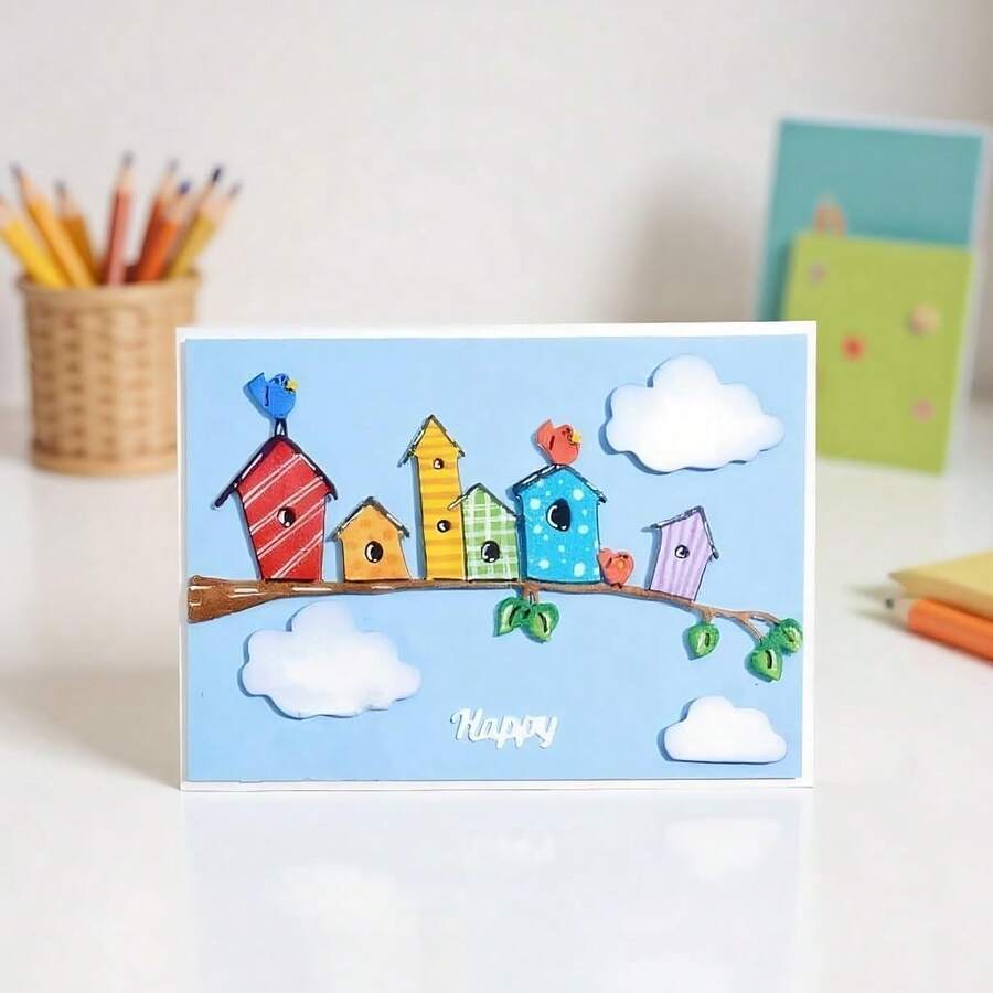 Khuôn thép carbon hình ngôi nhà hoạt hình trên cành cây, thích hợp cho việc cắt giấy, dập nổi, khắc và tạo hình. - A - Xem 1