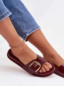 Stylish Women's Slides Rosivana On A Delicate Platform Made Of Synthetic Leather With A Golden Buckle And Comfortable Profiled Insole Black Red Brown Beige - Red - View 6