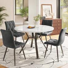 Dining Room Table And Chairs Set (5 Pieces), Modern And Minimalist Style. Round Marble Table, Black Metal Table Legs + 4 Ergonomic Grey Suede Chairs. - Grey - View 9