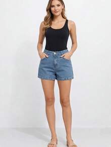 Women's High-Waisted Denim Shorts With Folded Hem, Casual Summer Style - 中等水洗藍 - 查看 2