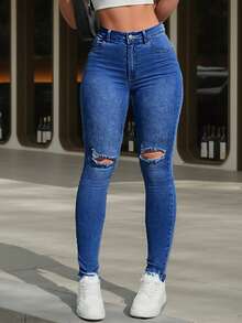 High Waist Skinny Jeans For Women Blue Distressed Knee Ripped Denim Trousers - 藍色 - 查看 1