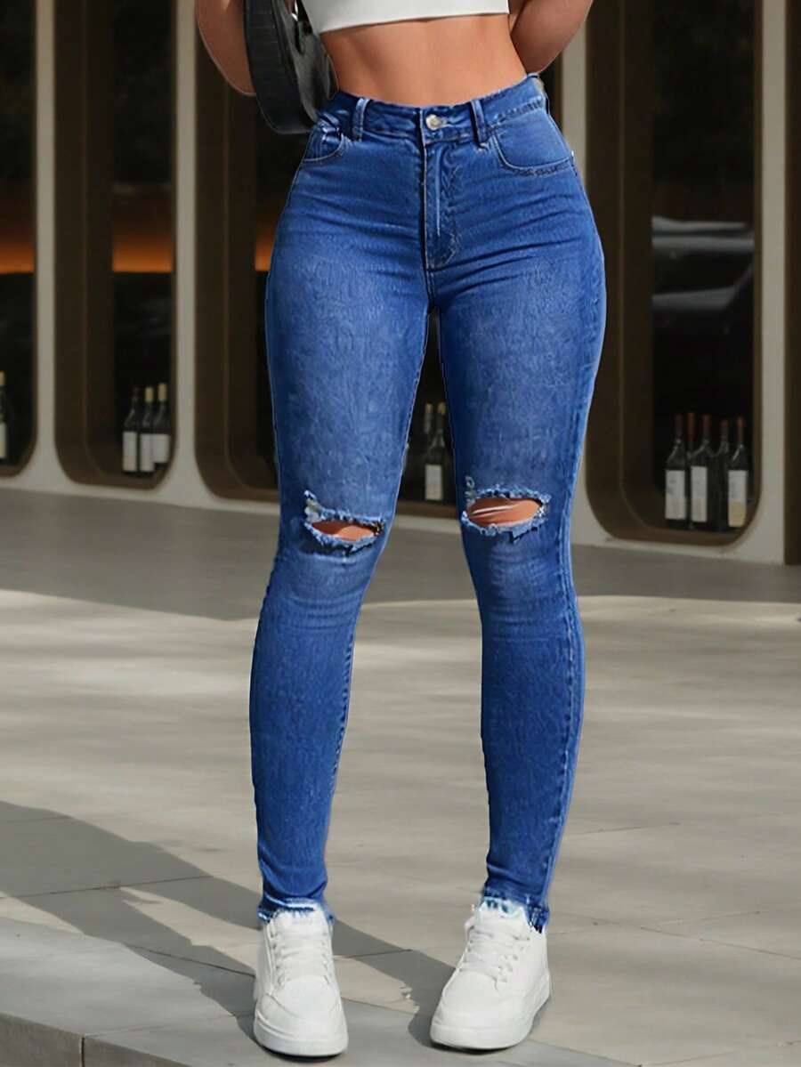High Waist Skinny Jeans For Women Blue Distressed Knee Ripped Denim Trousers - 藍色 - 查看 1