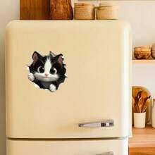 Curious Little Kitty Bursting Through The Fridge! Black & White Cat With Tiny Paws Peeking Over, Innocently Curious Expression & Kawaii Style - A - View 2
