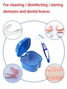 Bộ dụng cụ vệ sinh và khử trùng răng giả/niềng răng, hộp đựng răng giả có nắp, bàn chải vệ sinh răng giả/niềng răng/niềng răng chỉnh nha. Hộp đựng dung dịch vệ sinh răng giả có lưới lọc, bàn chải vệ sinh răng giả, bàn chải vệ sinh răng giả/niềng răng. - Nhiều màu - Xem 1