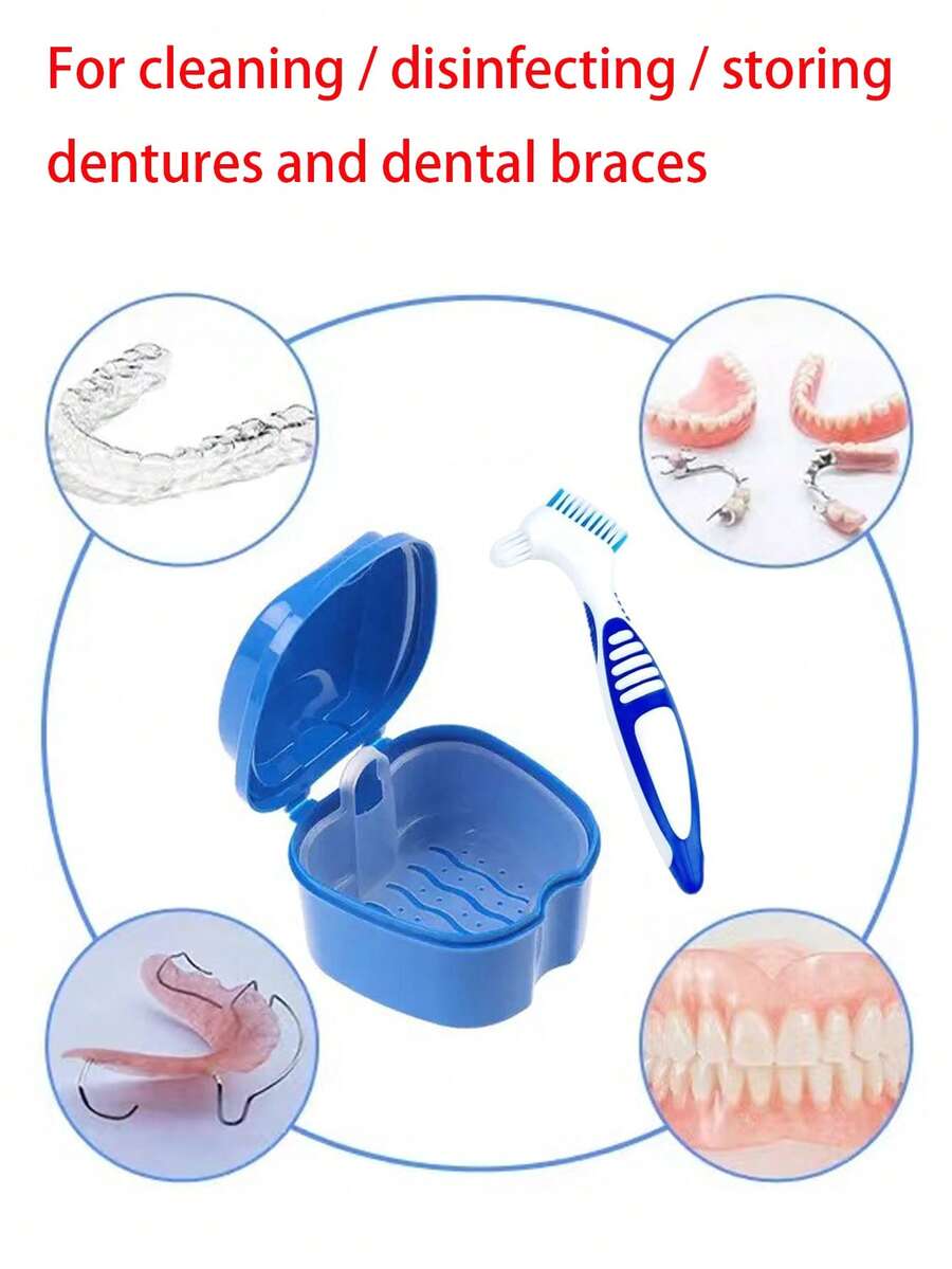 Bộ dụng cụ vệ sinh và khử trùng răng giả/niềng răng, hộp đựng răng giả có nắp, bàn chải vệ sinh răng giả/niềng răng/niềng răng chỉnh nha. Hộp đựng dung dịch vệ sinh răng giả có lưới lọc, bàn chải vệ sinh răng giả, bàn chải vệ sinh răng giả/niềng răng. - Nhiều màu - Xem 1