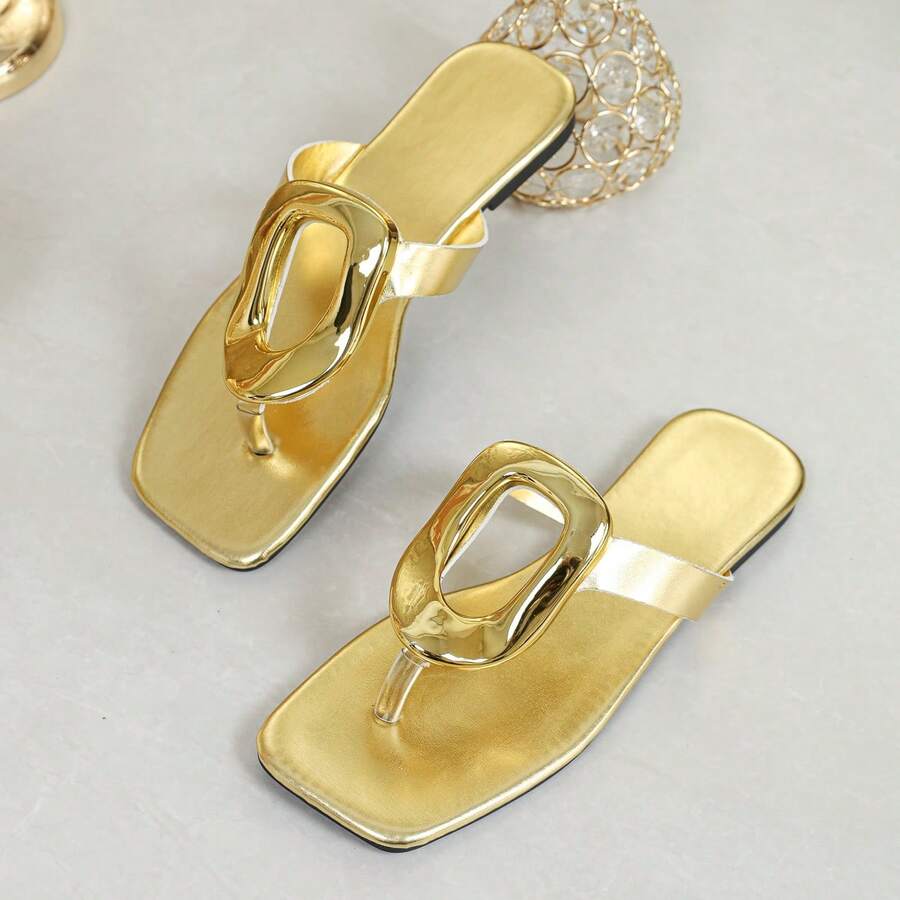 2026 Summer Metallic Thong Sandals Women Gold Square Toe Flat Minimalist Casual Vacation Sandals - Gold - View 1