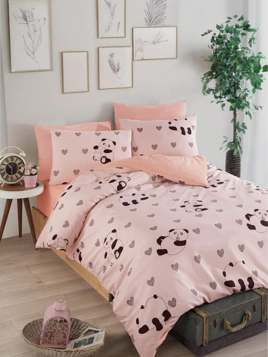 Turkish Cotton Duvet Cover Set With Pillow Cases – Soft & Breathable Cotton Contain Bedding Set - Pink - View 1