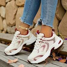 Women's Color - Block Chunky Sneakers, Mesh - Breathable, Retro Dad - Shoe Style, Comfortable For Running And Casual Sports .Soft Leather Thick-Soled Height-Enhancing Sneakers, Women's Breathable Mesh 2025 Spring, Summer And Autumn New Casual Running Shoes, Music Festival Millennial Style Back To School Must-Have - 紅色升級版 - 查看 4