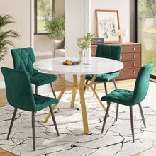 Dining Room Set, Table And Chairs (5 Pieces), Modern And Sleek, Consisting Of A Round Marble Table, Gold Metal Table Legs And 4 Ergonomic Green Velvet Chairs. - Green - View 9