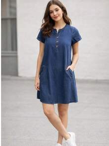 VESTIDO DE MEZCLILLA CUELLO MAO CON BOLSAS - Azul lavado medio - Ver 2