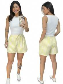 Striped Linen Shorts With Lined Pockets, Home, Beach, Night, Daily, Summer - 查看 3