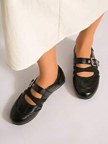 Women's New Buckle Slip-On Solid Color Classic Casual Outdoor Office Comfortable Flat Square Toe Mary Jane Sneakers - Black - View 5