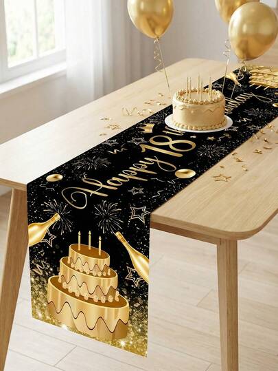 1pc Black & Gold Happy Birthday Table Runner, 16th 18th 21st 30th 40th 50th 60th 70th 80th 90th Birthday Party Decor, Waterproof Tablecloth, Suitable For Men And Women, Birthday Party Decorations, Anniversary, Indoor And Outdoor Use