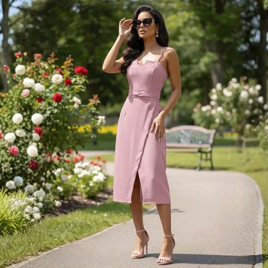 Women's Midi Tailored Dress With Front Slit And Waistband, Thin Straps, Longuette Length. Sizes P, M, G, GG. Formal Dress For Civil Weddings, Graduations, And Women's Events | Ref 2599 - 淺粉色 - 查看 1