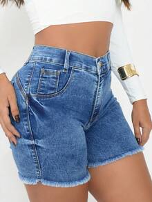 Short Jeans, Mid-Thigh Length, Frayed Hem, With Elastane, High Waist, Casual Jeans, Pocket, Button, Women's Clothing, Country Music Concert. - ĐÁ CẨM THẠCH - Xem 1