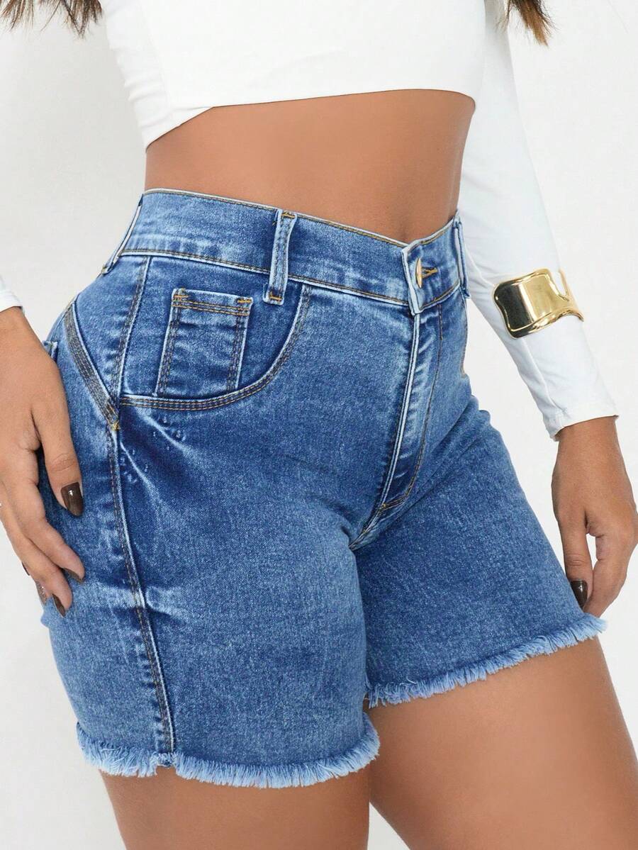 Short Jeans, Mid-Thigh Length, Frayed Hem, With Elastane, High Waist, Casual Jeans, Pocket, Button, Women's Clothing, Country Music Concert. - ĐÁ CẨM THẠCH - Xem 1