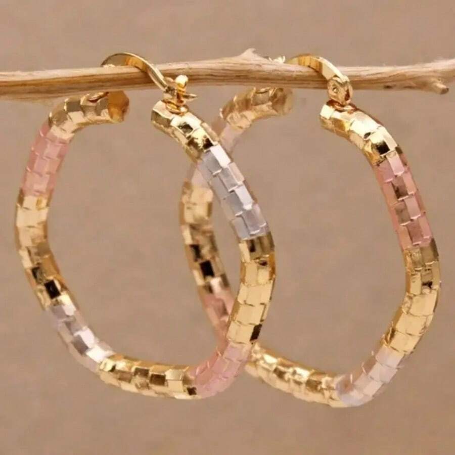 时尚扎染圆形金耳环，女士扭纹圆形金耳环，结婚周年纪念礼物首饰配饰 - 金色 - 查看 1