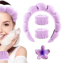 Women's Spa Skincare Accessory Kit - Cloud Tiara, Wristband, Flower Hair Clip - LF25-485 玫瑰 - 查看 4