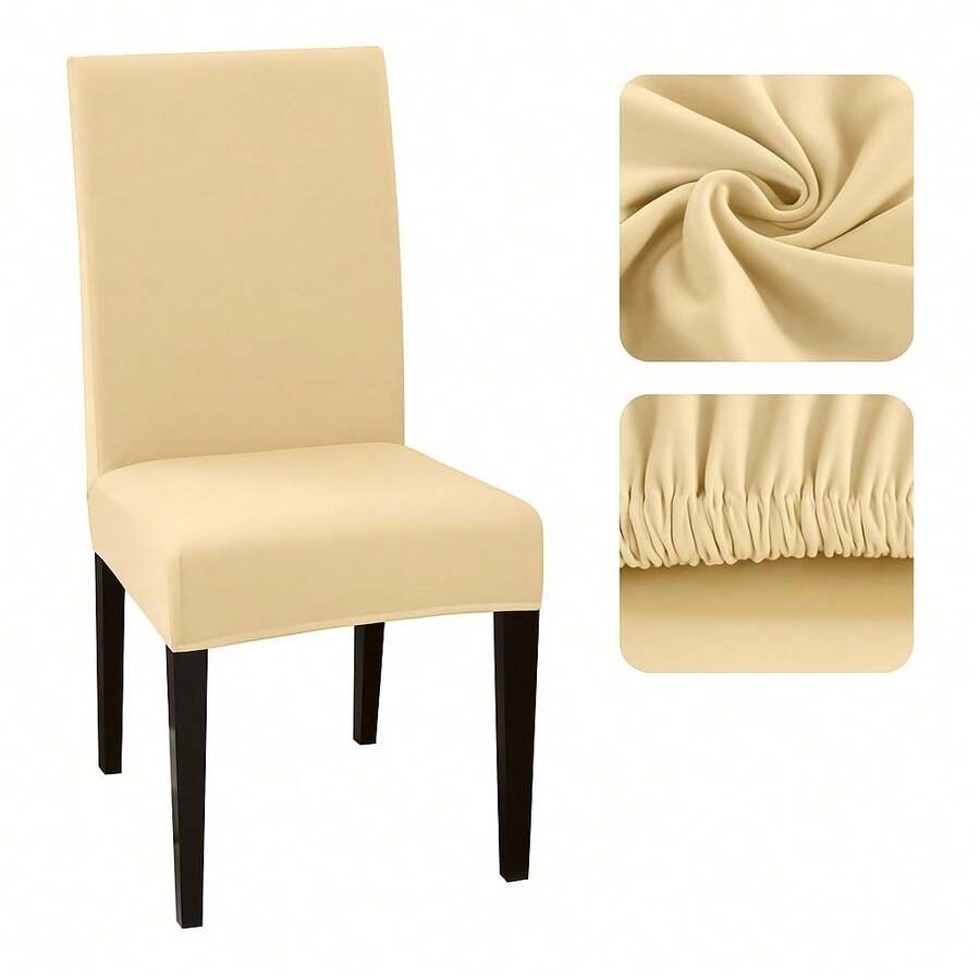 Set Of 4 Chair Covers For Dining Rooms, Plain Knit Fabric With Elastic - Beige - View 1