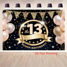 2D Printed 1pc Luxury Black Gold 13th Birthday Party Backdrop, Shiny Black & Gold Theme, Suitable For 13th Birthday Party, Teen Theme Party, Family Celebration, Birthday Photography! Black Background With Pink Gold Balloons, Glitter And Badge-Style "13" Elements, Creating A Cool And Elegant Atmosphere - View 5