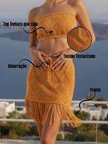 Conjunto Saída de Praia Feminino Tricô Verão Saia com Franja e Top Redando Crochê Elegante - Preto - Visão 7