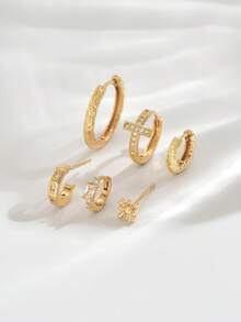 6pcs Set Elegant Cross Zirconia Stud Earrings, Suitable For Party, Holiday, Date Or Wedding - Yellow Gold - View 3