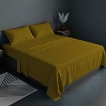 Double-Sized Striped Sheet Set, Solid Color, For Twin-Size Bed, 2600 Thread Count Microfiber, Comfortable And Soft - Gold - View 3