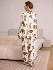 两件套女士睡衣套装，豹纹印花，时尚舒适的家居服 - 黃色 - 查看 11