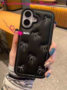 1pc Customized Black Leather Case With English Letters, Numbers, Korean Style Embroidered Bow Design, Compatible With IPhone 16, 17 Pro Max, Soft Luxury Full Coverage - Black - View 2