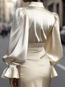 Women's Satin Button-Down Shirt, Long Sleeve V-Neck Blouse, Lantern Sleeve Loose Casual Office Business Wear Top, Spring/Summer/Autumn - Champagne - View 3