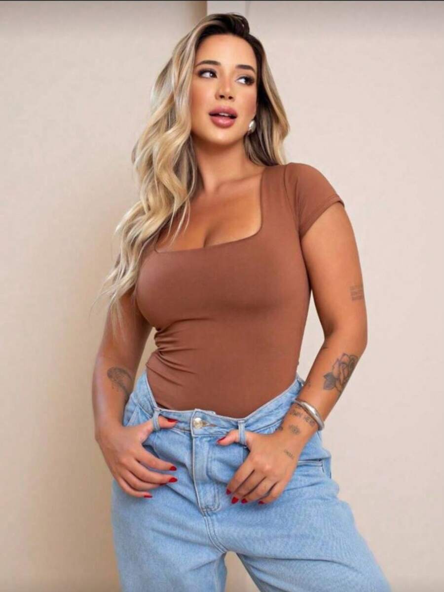 Women's Basic Square Neck Blouse In Suplex - Rust Brown - View 1