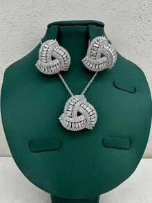 3pcs Luxury Silver Tone Necklace & Earrings Set. New Middle Eastern, European & American Bridal, Wedding, Daily, Party, Valentine's Day, Girlfriend Gift, Ramadan Sparkling Jewelry Set With Elegant Gift Box - Silver - View 8