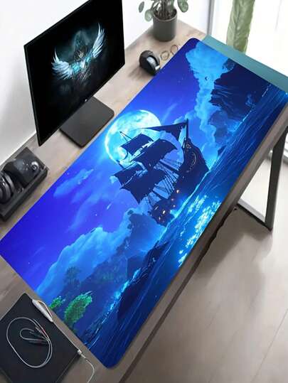 1 件装大尺寸游戏鼠标垫，蓝色月光海盗船海景图案，防滑可水洗橡胶底座，超大桌面垫，适用于办公室、家庭、礼品，兼容鼠标和轨迹球