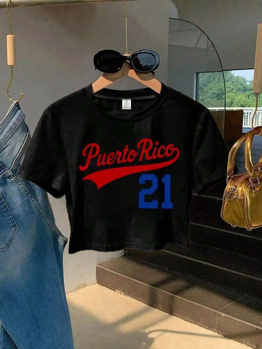 2026 Summer New Arrivals Women's Fashion Printed T-Shirt With Puerto Rico Number Pattern Design, Soft And Breathable, Suitable For All Seasons, Machine Washable, Fashion Essential, Women's Short Top, Tops For Women, Vacation Outfits For Women, Camiseta De Moda Para Mujer - 黑色 - 查看 1