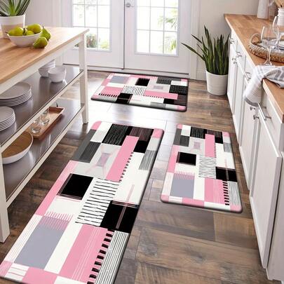 Modern Pink & Black Geometric Mat  - Non-Slip Backing, Soft -Like Texture (No Pile), Low-Maintenance For Kitchen, Bathroom, Bedroom, Entryway - Easy-Clean In Beige, Grey, White & Brown