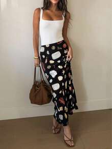 Women's Casual Bohemian Style Long Straight Hem Woven Skirt, Unique Print, Suitable For Vacation And Daily Wear, Women's Fashion Long Skirt - Black - View 3