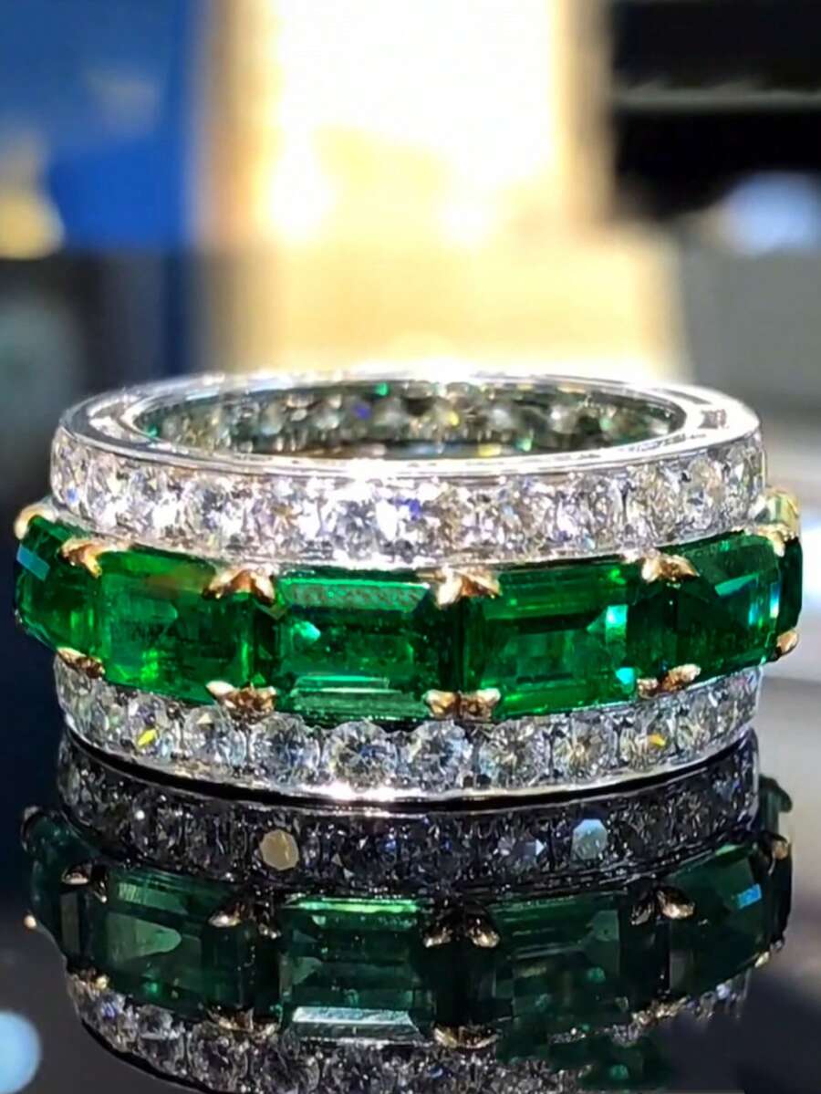 1 pieza Anillo de circonita cúbica verde de moda para mujer, adecuado para boda, compromiso, fiesta, regalo del Día de San Valentín