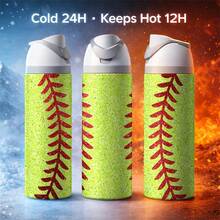 24 Oz Insulated Water Bottlea Yellow Glitter Softball Pattern Glittery Red Seams Background Aesthetic Athletic Sports Print For Players Coaches Softball Moms Fans Gift For Birthday Christmas Game Day Appreciation High School Team Spirit Title - 24oz 1pc - 查看 5