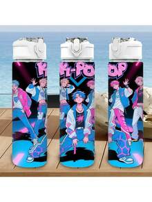 1pc 750ml/26oz Plastic Sports Water Bottle, Cute Printed Design, Leak-Proof With Pop-Up Lid, Ideal Gift For Outdoor Sports, Running, Birthday, Christmas, Halloween, Thanksgiving - Multicolor - View 3