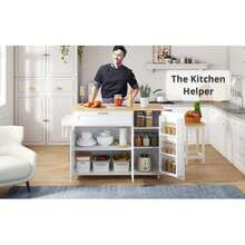 Large 132.5cm Mobile Kitchen Table With Foldable Countertop, Oak Wood Grain, Multifunctional Cabinet, Spice Rack, Towel Holder & 5 Lockable Casters For Kitchen Dining And Home Use - White + Natural Color - View 8