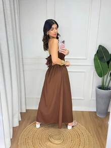 Women's Long Strapless Dress With Back Tie In Elegant Premium Tailoring - Rỉ Nâu - Xem 2