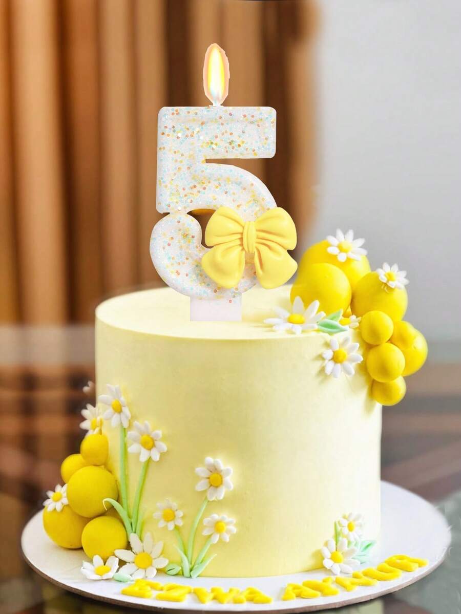 黄色蝴蝶结水晶数字0-9生日周年纪念蛋糕装饰蜡烛 - 查看 1