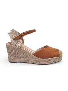 Sandalias alpargatas de cuña altas para mujer con plataforma alta clásica de esparto sandalias de verano confortables de punta redonda estilo bohemio básico - Camel - Ver 3