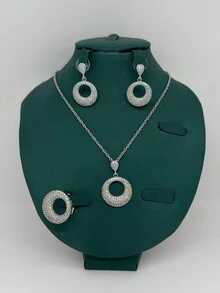 4PCS/Set Luxury Gold & Silver Round Graphic Design Necklace Set. Material: Copper And Zirconia. Includes Necklace, Earrings, Ring 3 Pieces Jewelry Set. Suitable For Daily Wear, Party, Banquet, Gift - Silver - View 1