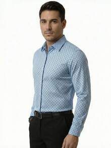 Men's Printed Dress Shirt, Long Sleeve, Slim Fit, Comfortable - 淺藍色 - 查看 4