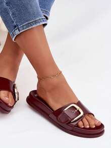 Stylish Women's Slides Rosivana On A Delicate Platform Made Of Synthetic Leather With A Golden Buckle And Comfortable Profiled Insole Black Red Brown Beige - Red - View 8