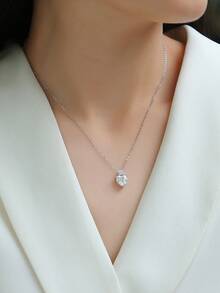 Heart-Shaped Moissanite 925 Sterling Silver Pendant Clavicle Chain, Handmade Fashion Jewelry For Women, Ideal Gift For Wedding & Valentine's Day - Silver - View 3