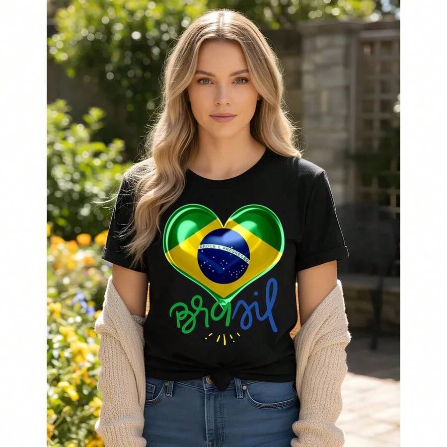 Women's T-Shirt Blouse With Shiny Heart, Stylish Brazil 2026, 100% - màu đen - Xem 1
